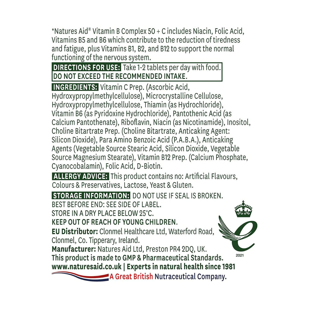 Vitamin B Complex 50 + Vitamin C High Potency 30 Tablets - Natures Aid - Vitamins & Supplements - Eco Natural Products