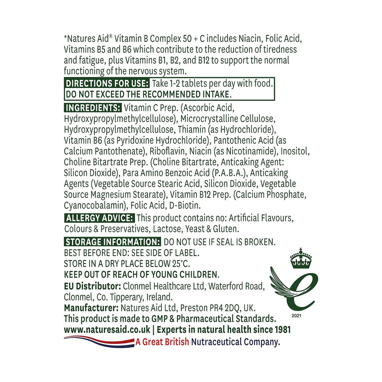 Vitamin B Complex 50 + Vitamin C High Potency 30 Tablets - Natures Aid - Vitamins & Supplements - Eco Natural Products