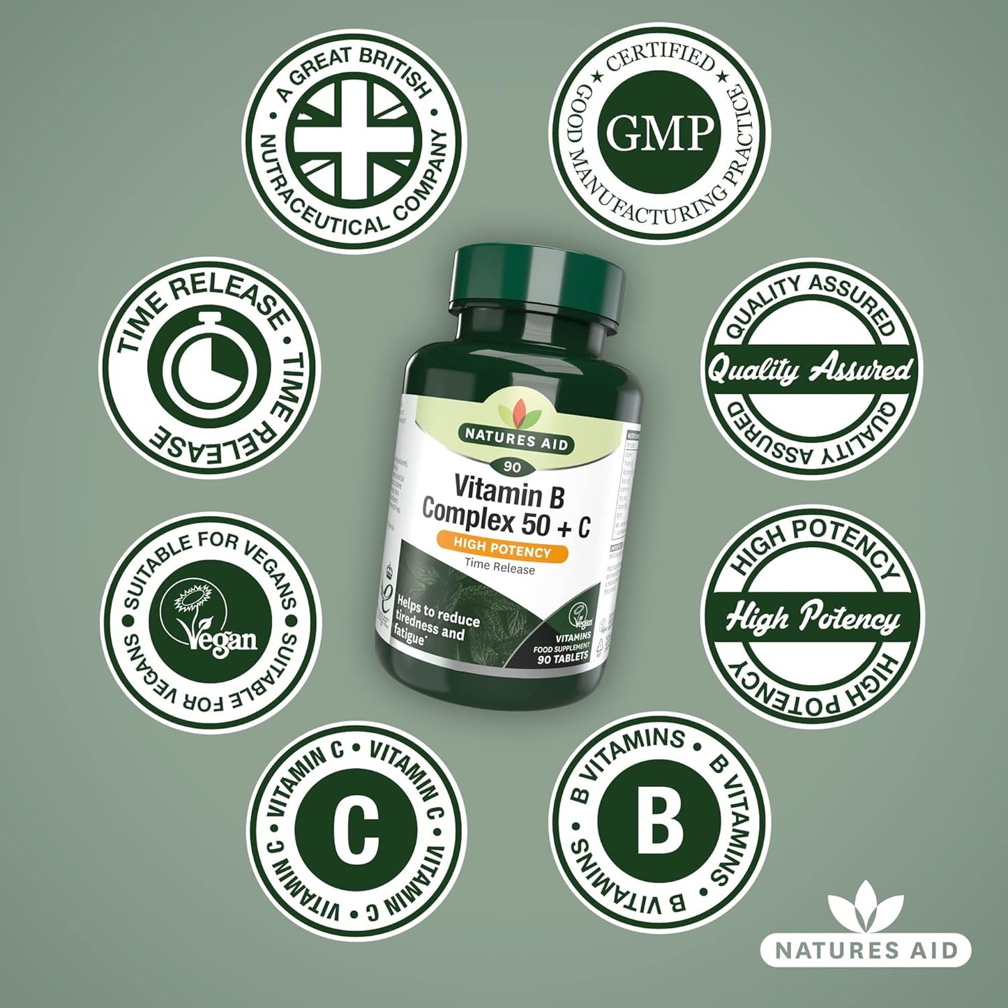 Vitamin B Complex 50 + Vitamin C High Potency 30 Tablets - Natures Aid - Vitamins & Supplements - Eco Natural Products