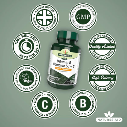 Vitamin B Complex 50 + Vitamin C High Potency 30 Tablets - Natures Aid - Vitamins & Supplements - Eco Natural Products