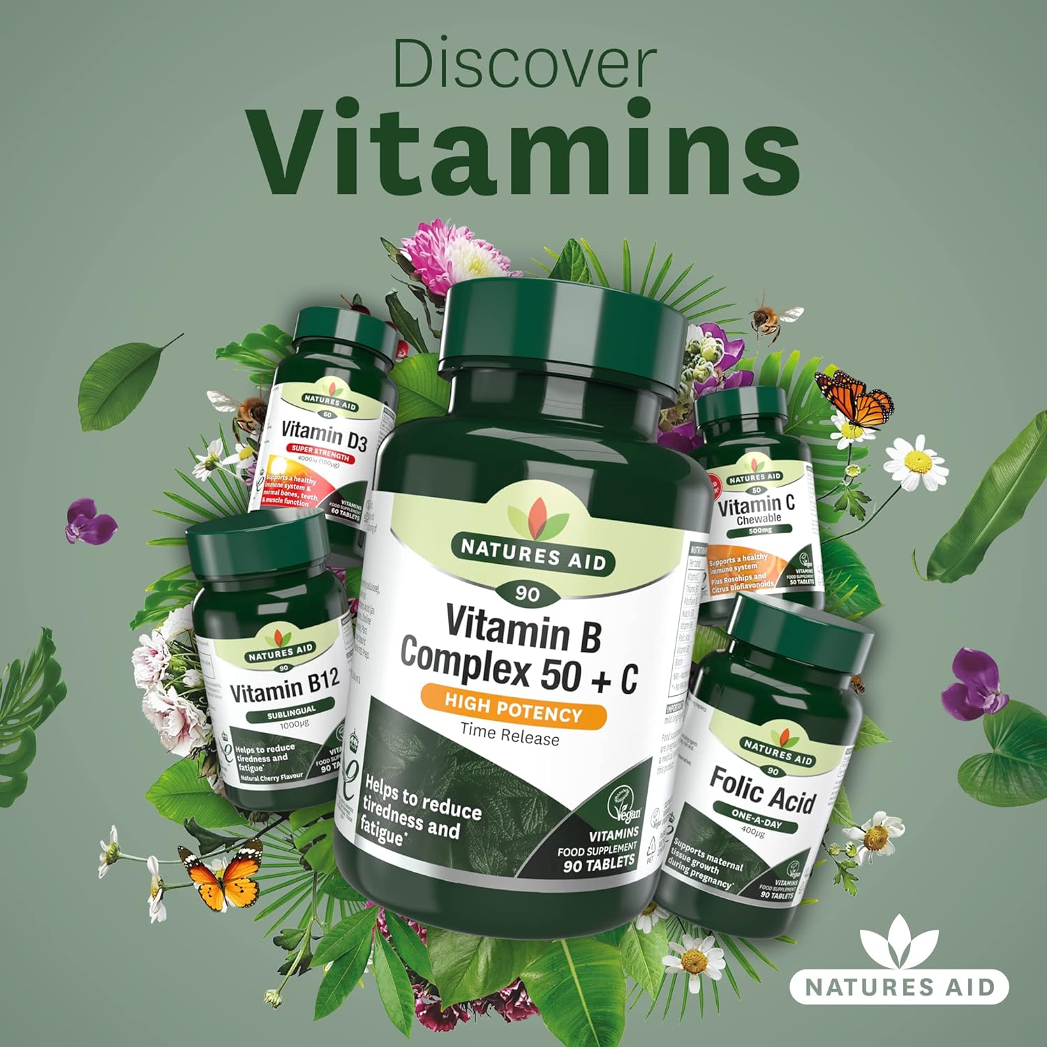 Vitamin B Complex 50 + Vitamin C High Potency 30 Tablets - Natures Aid - Vitamins & Supplements - Eco Natural Products