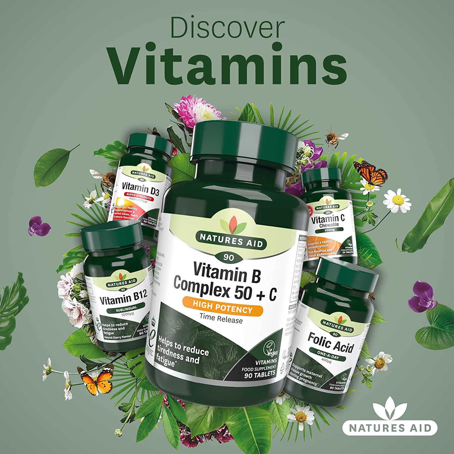 Vitamin B Complex 50 + Vitamin C High Potency 90 Tablets - Natures Aid - Vitamins & Supplements - Eco Natural Products