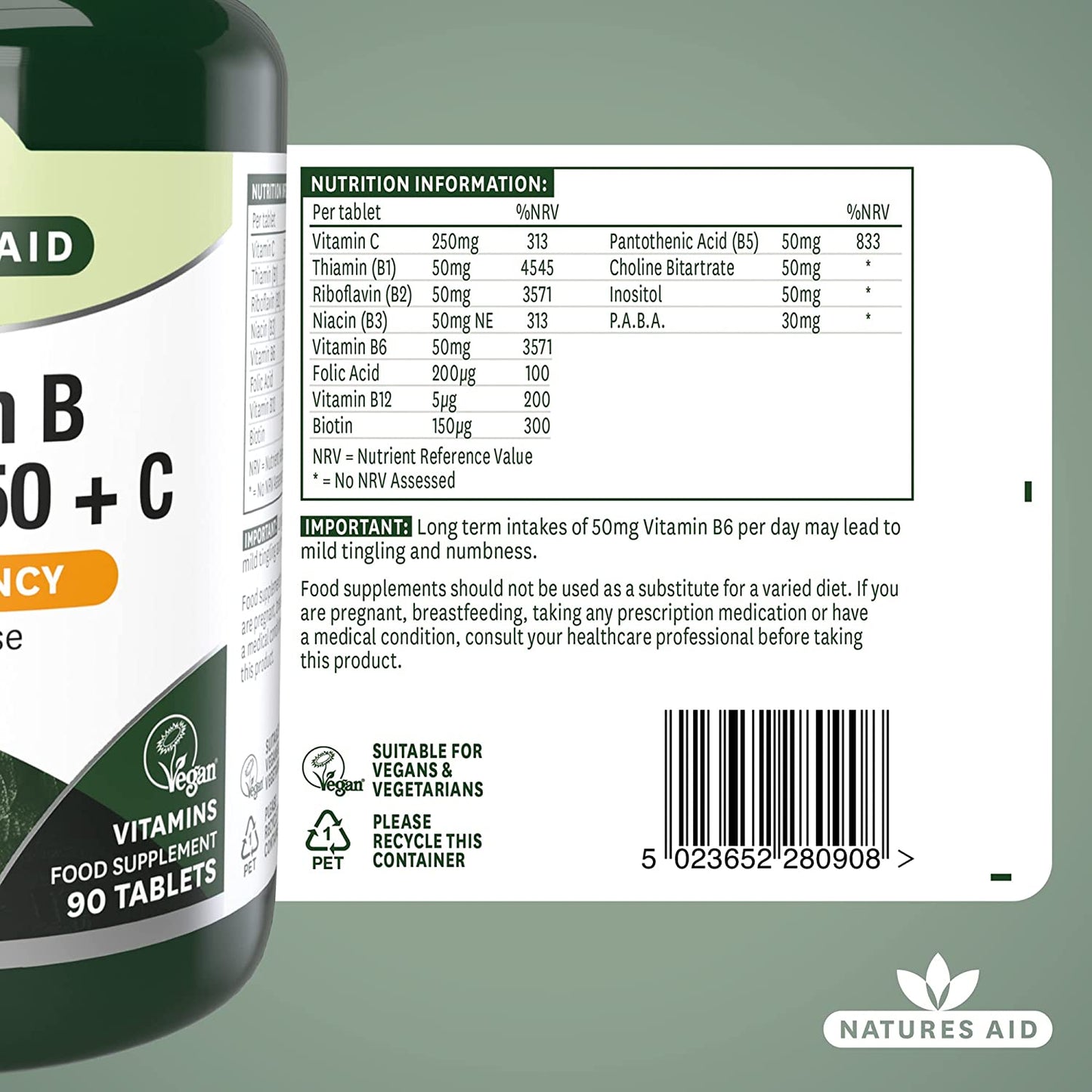 Vitamin B Complex 50 + Vitamin C High Potency 90 Tablets - Natures Aid - Vitamins & Supplements - Eco Natural Products