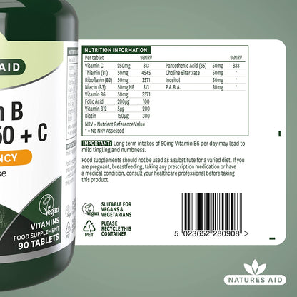 Vitamin B Complex 50 + Vitamin C High Potency 90 Tablets - Natures Aid - Vitamins & Supplements - Eco Natural Products