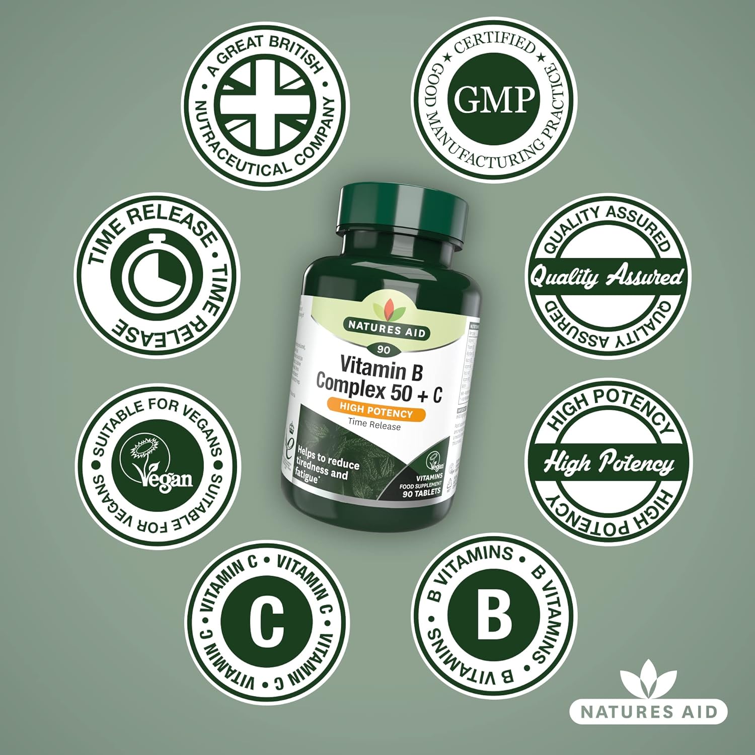 Vitamin B Complex 50 + Vitamin C High Potency 90 Tablets - Natures Aid - Vitamins & Supplements - Eco Natural Products