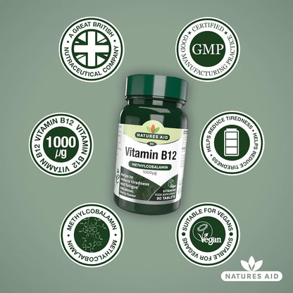 Vitamin B12 High Potency Sublingual 1000ug 90 Tablets - Natures Aid - Vitamins & Supplements - Eco Natural Products