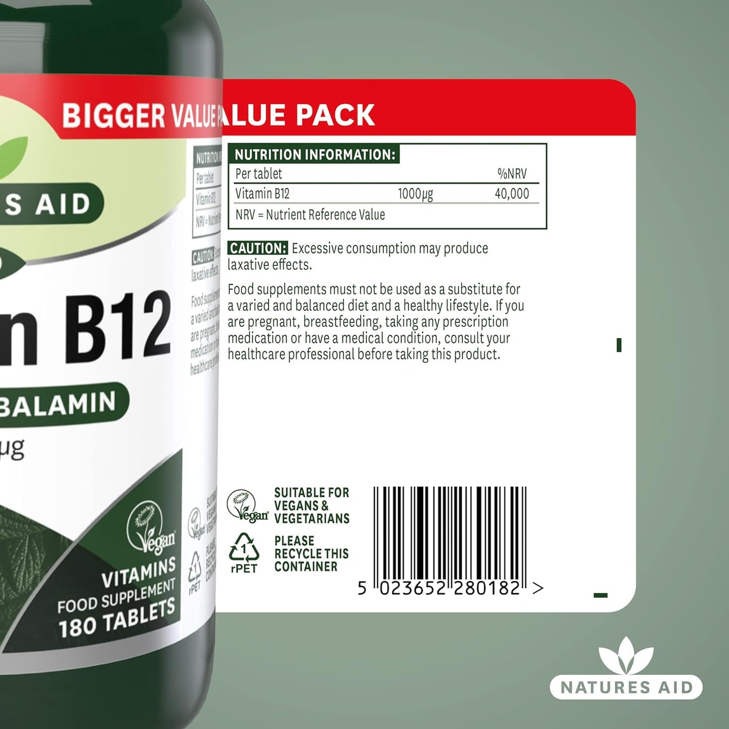 Vitamin B12 Methylcobalamin Sublingual 1000ug 180 Tablets - Natures Aid - Food supplement - Eco Natural Products