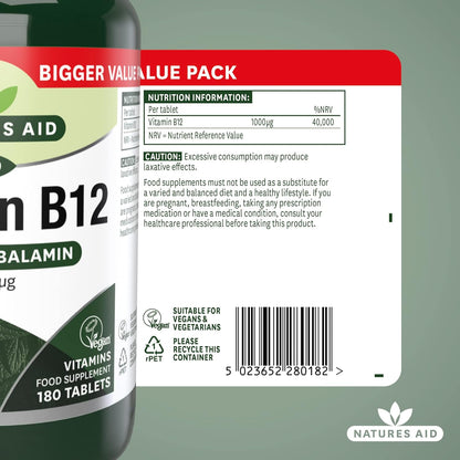 Vitamin B12 Methylcobalamin Sublingual 1000ug 180 Tablets - Natures Aid - Food supplement - Eco Natural Products