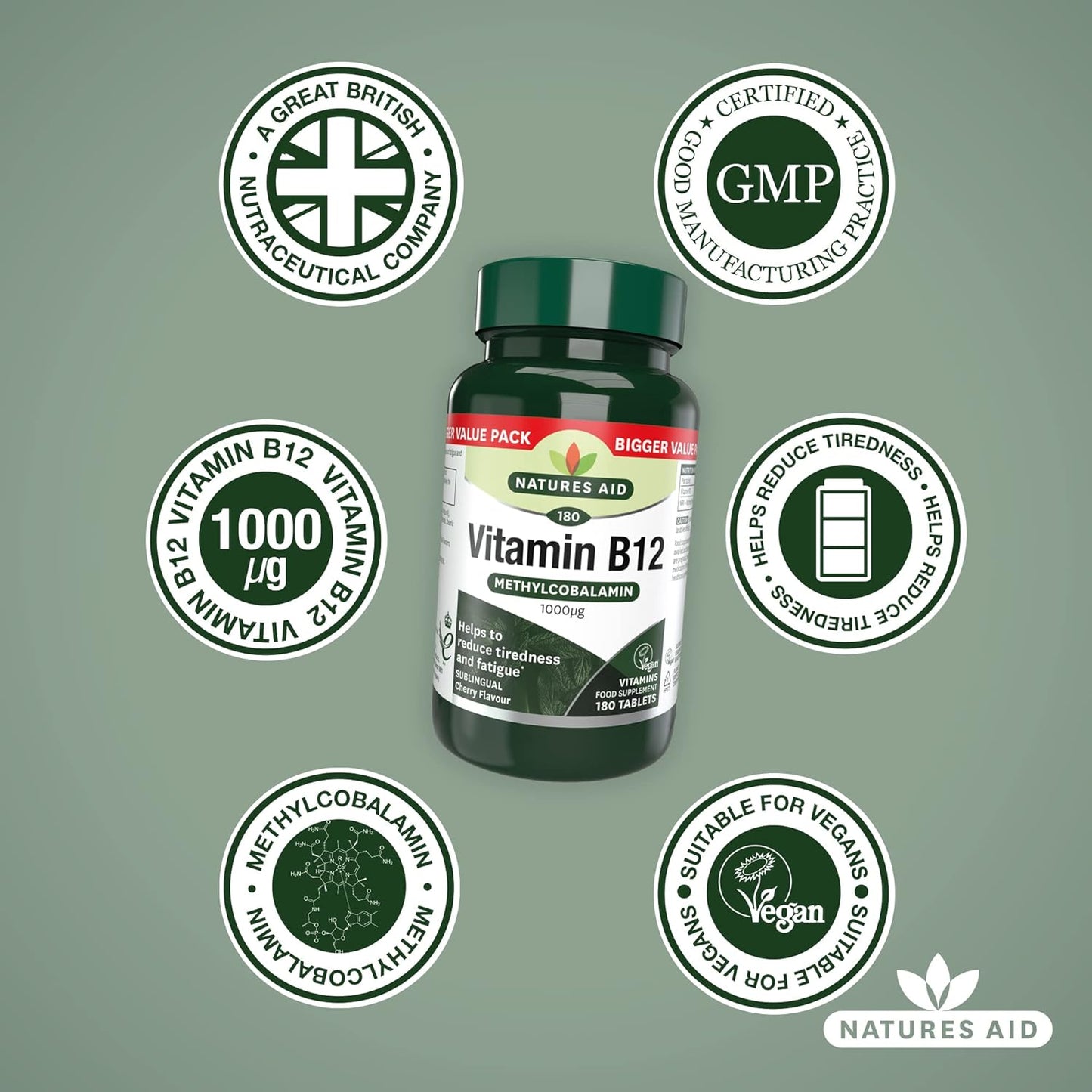 Vitamin B12 Methylcobalamin Sublingual 1000ug 180 Tablets - Natures Aid - Food supplement - Eco Natural Products