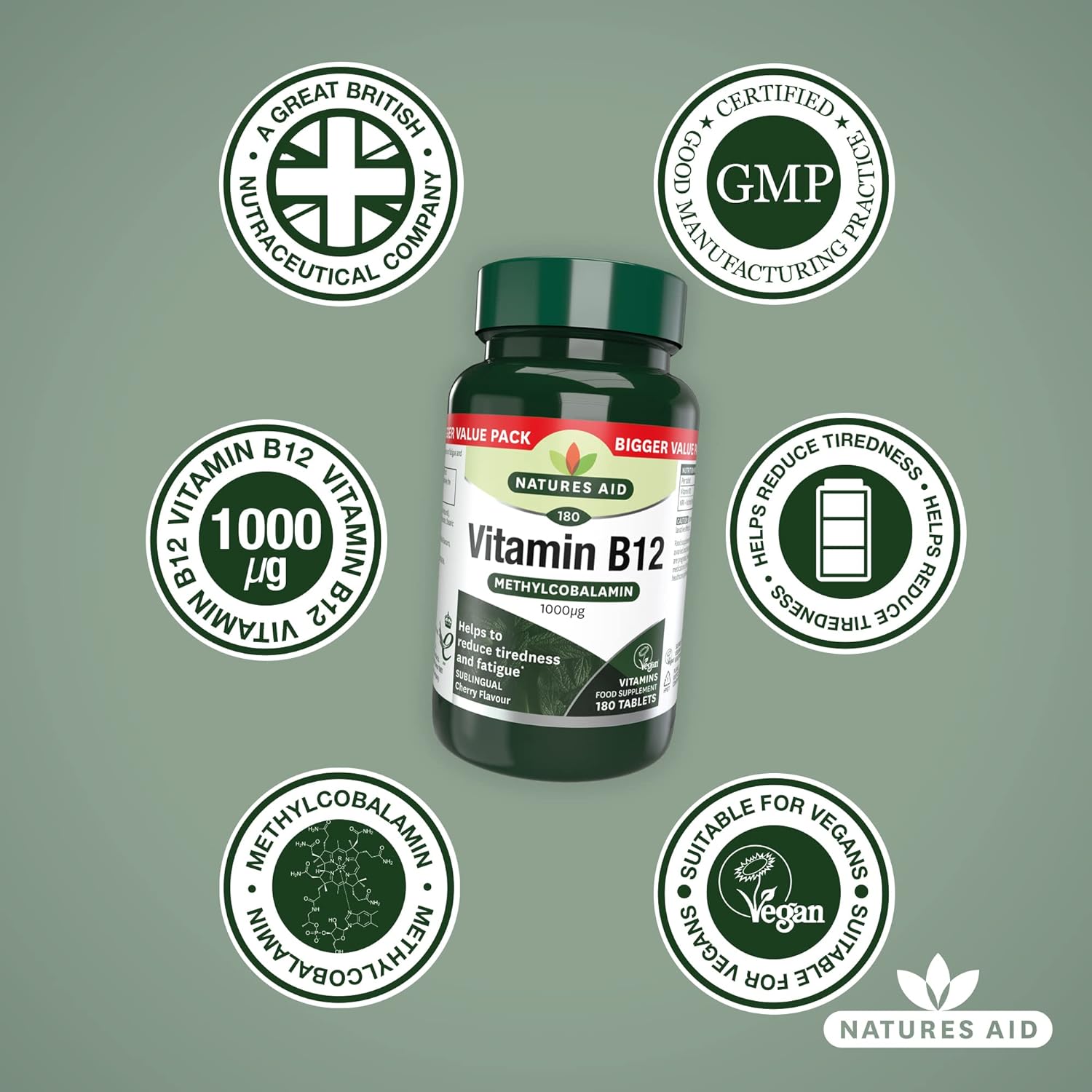 Vitamin B12 Methylcobalamin Sublingual 1000ug 180 Tablets - Natures Aid - Food supplement - Eco Natural Products