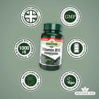 Vitamin B12 Methylcobalamin Sublingual 1000ug 180 Tablets - Natures Aid - Food supplement - Eco Natural Products