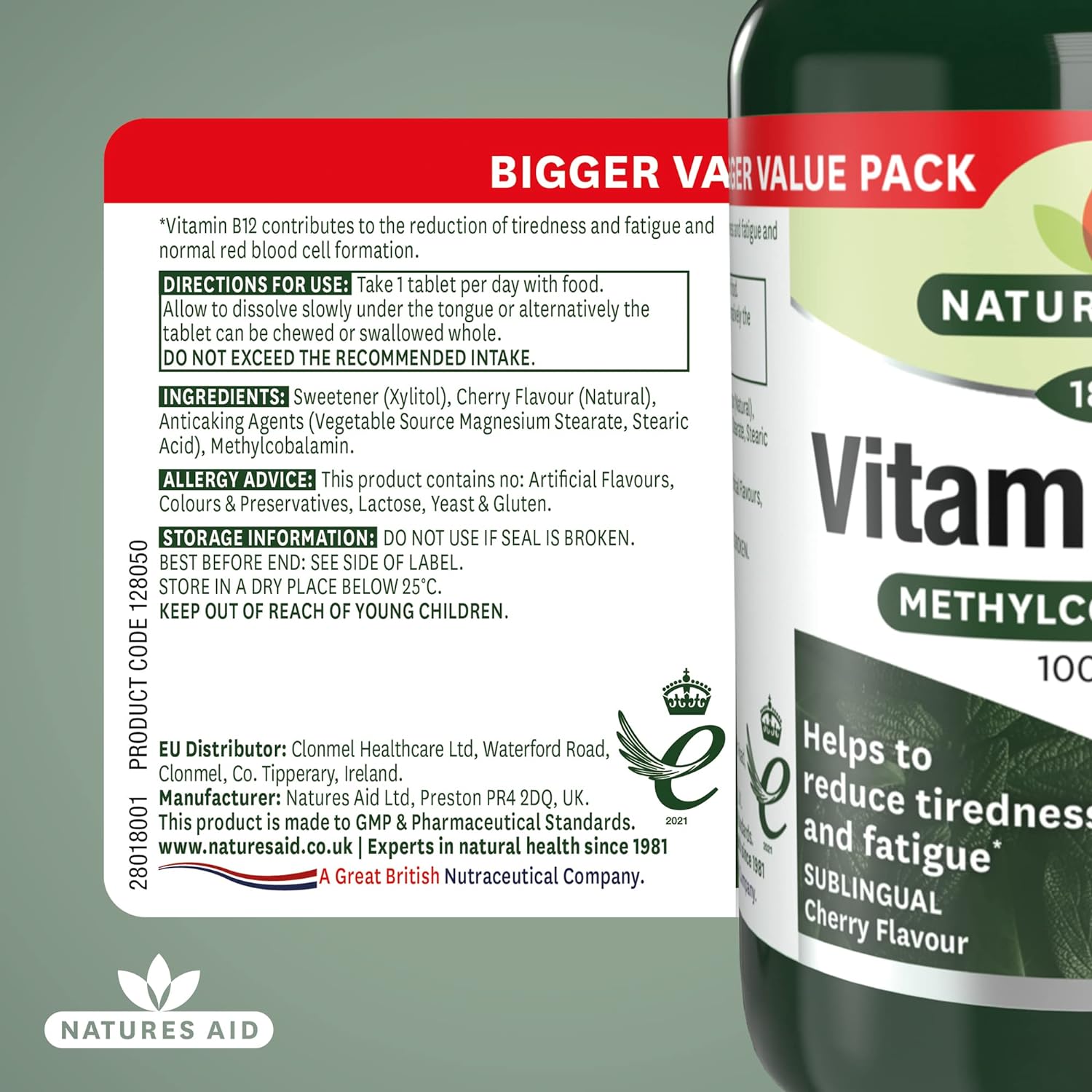 Vitamin B12 Methylcobalamin Sublingual 1000ug 180 Tablets - Natures Aid - Food supplement - Eco Natural Products