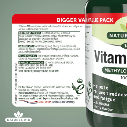 Vitamin B12 Methylcobalamin Sublingual 1000ug 180 Tablets - Natures Aid - Food supplement - Eco Natural Products