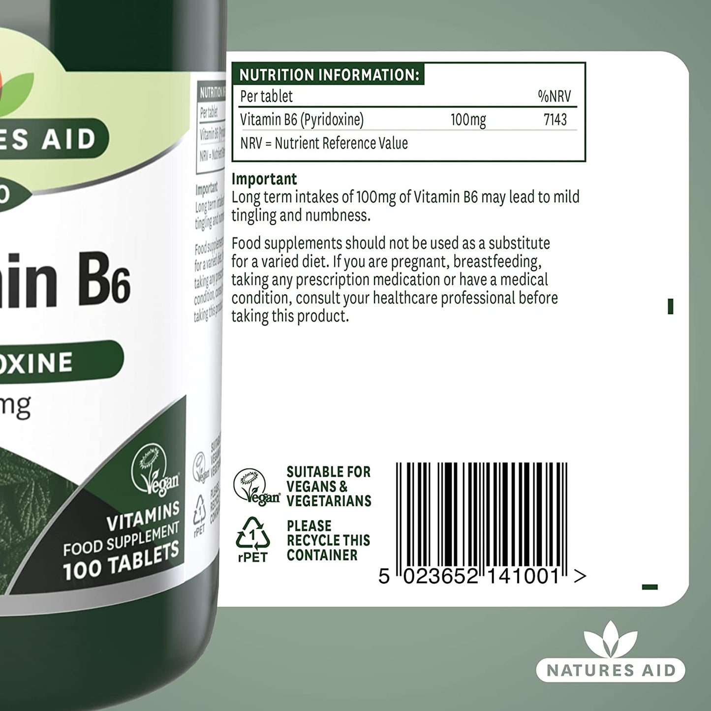 Vitamin B6 High Potency 100mg 100 Tablets - Natures Aid - Vitamins & Supplements - Eco Natural Products