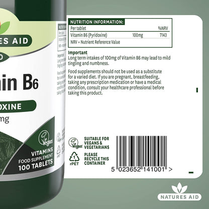Vitamin B6 High Potency 100mg 100 Tablets - Natures Aid - Vitamins & Supplements - Eco Natural Products