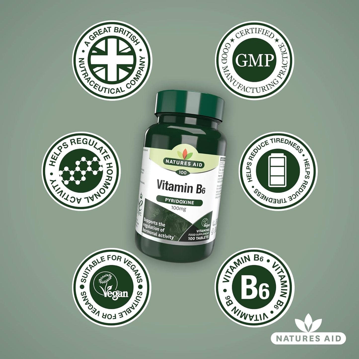 Vitamin B6 High Potency 100mg 100 Tablets - Natures Aid - Vitamins & Supplements - Eco Natural Products