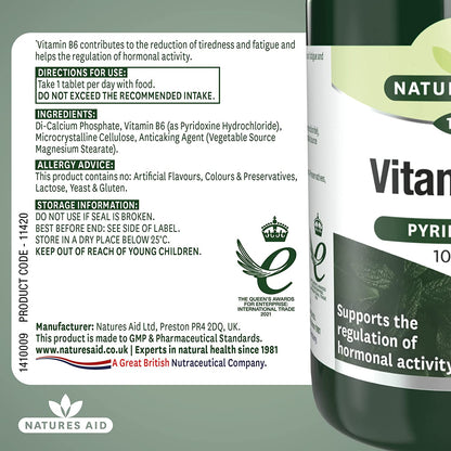 Vitamin B6 High Potency 100mg 100 Tablets - Natures Aid - Vitamins & Supplements - Eco Natural Products