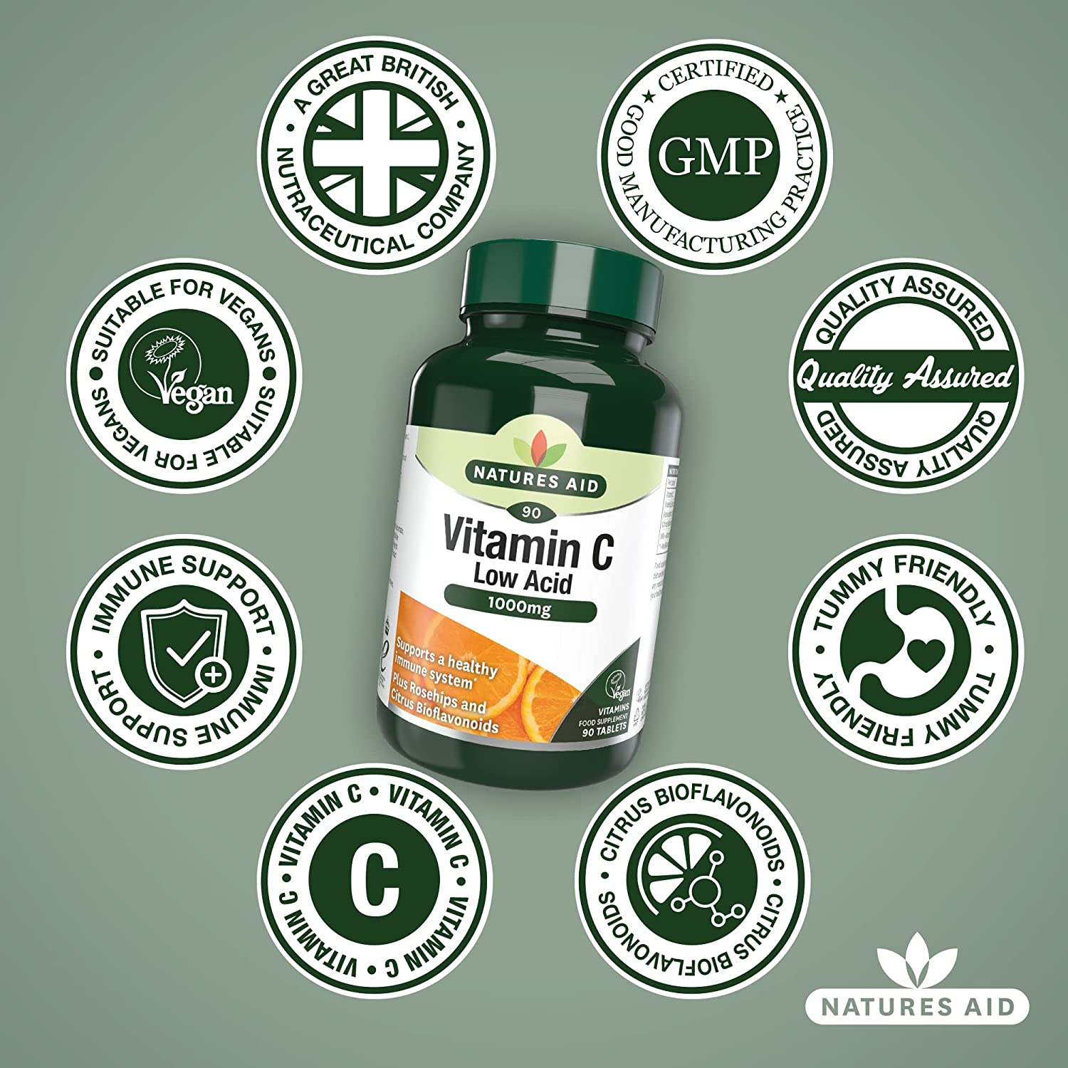 Vitamin C 1000mg Low Acid 90 Tabs - Natures Aid - Vitamins & Supplements - Eco Natural Products