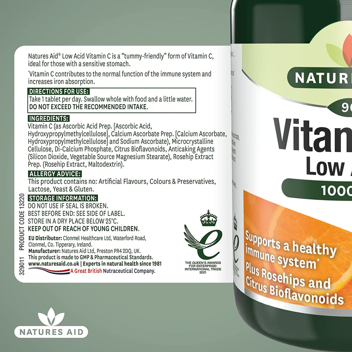 Natures Aid Vitamin C 1000mg Low Acid back of pack with ingredients and directions
