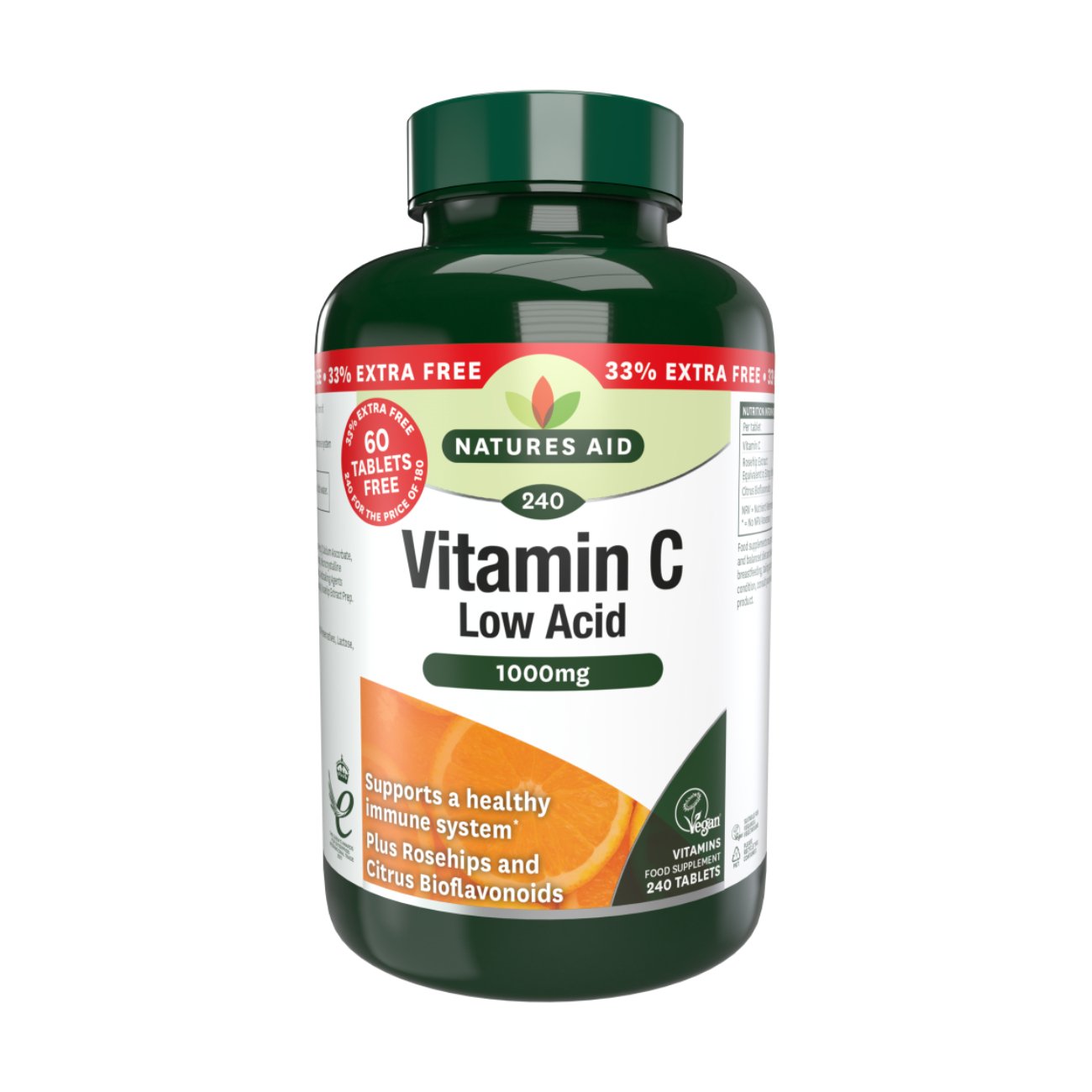 Vitamin C Low Acid 1000mg (180+60) 240 Tablets - Natures Aid - Vitamins & Supplements - Eco Natural Products