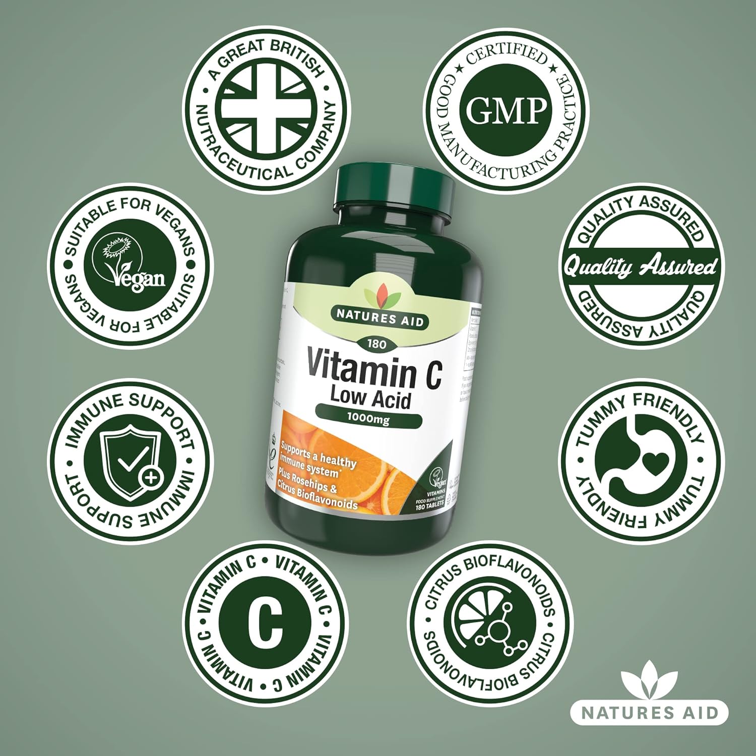 Vitamin C Low Acid 1000mg (180+60) 240 Tablets - Natures Aid - Vitamins & Supplements - Eco Natural Products