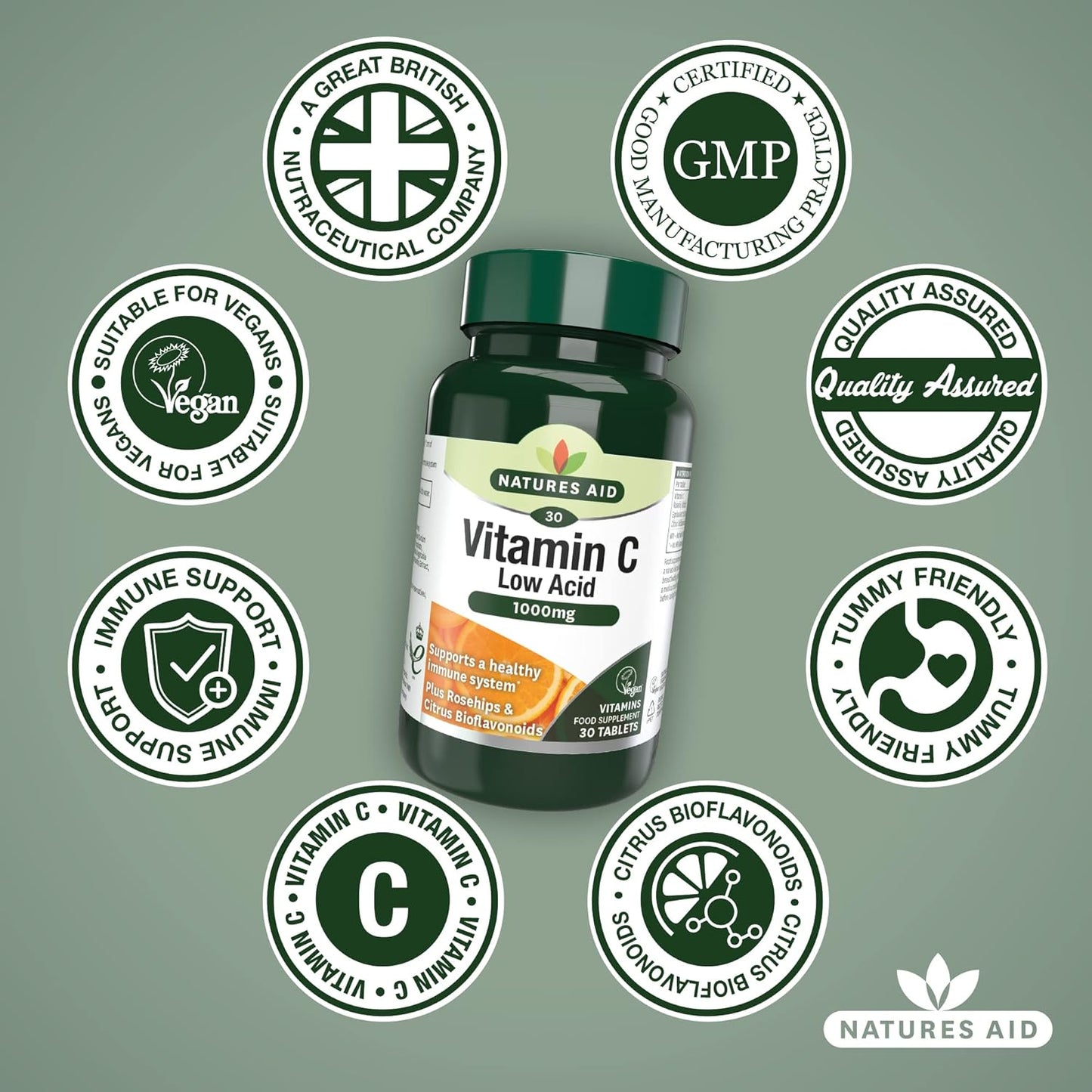 Vitamin C Low Acid 1000mg (30+10) 40 Tablets - Natures Aid - Vitamins & Supplements - Eco Natural Products