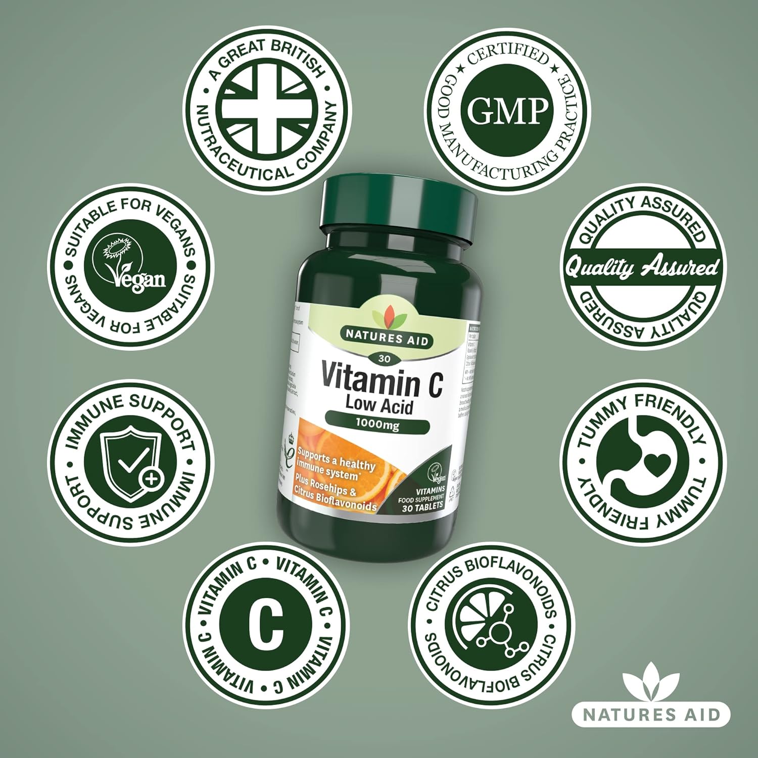 Vitamin C Low Acid 1000mg (30+10) 40 Tablets - Natures Aid - Vitamins & Supplements - Eco Natural Products