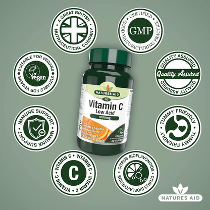 Vitamin C Low Acid 1000mg (30+10) 40 Tablets - Natures Aid - Vitamins & Supplements - Eco Natural Products