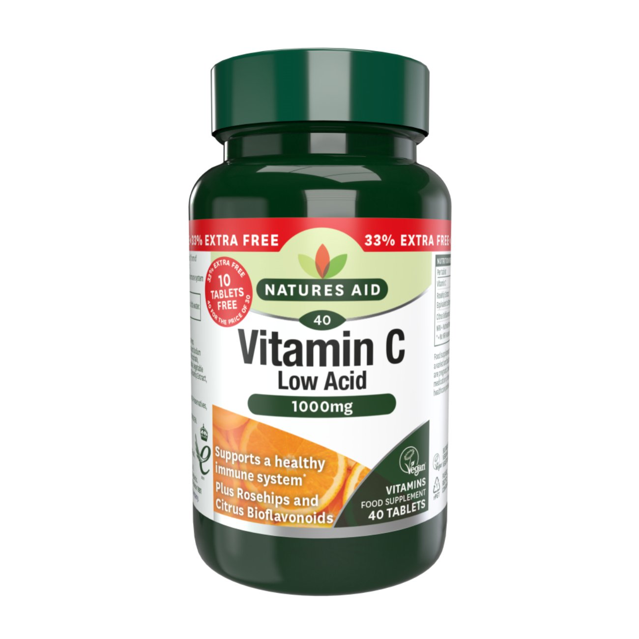 Vitamin C Low Acid 1000mg (30+10) 40 Tablets [BLACK FRIDAY] - Eco Natural Products - Natures Aid - Vitamins & Supplements