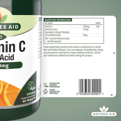Vitamin C Low Acid 1000mg (90+30) 120 Tablets - Natures Aid - Vitamins & Supplements - Eco Natural Products