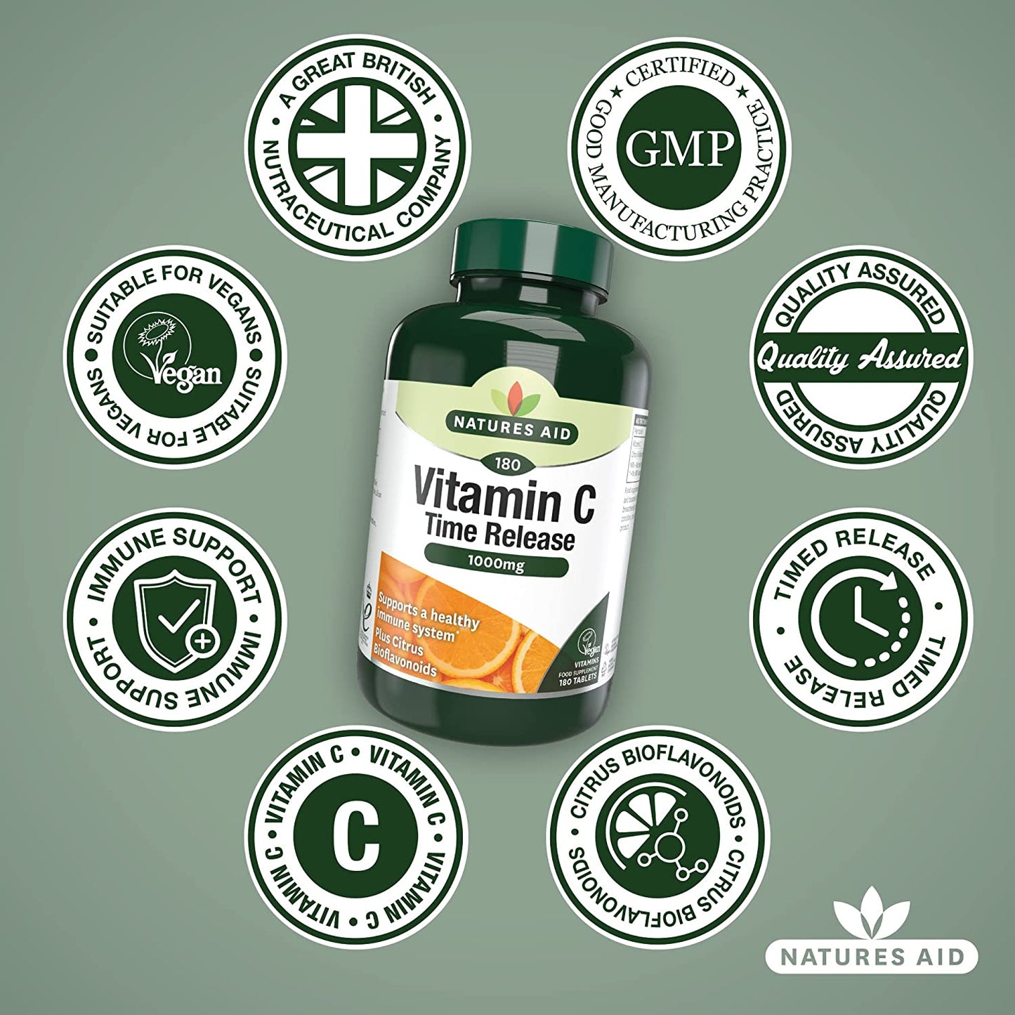 Vitamin C Time Relaease 1000mg 180 Tablets - Natures Aid - Vitamins & Supplements - Eco Natural Products