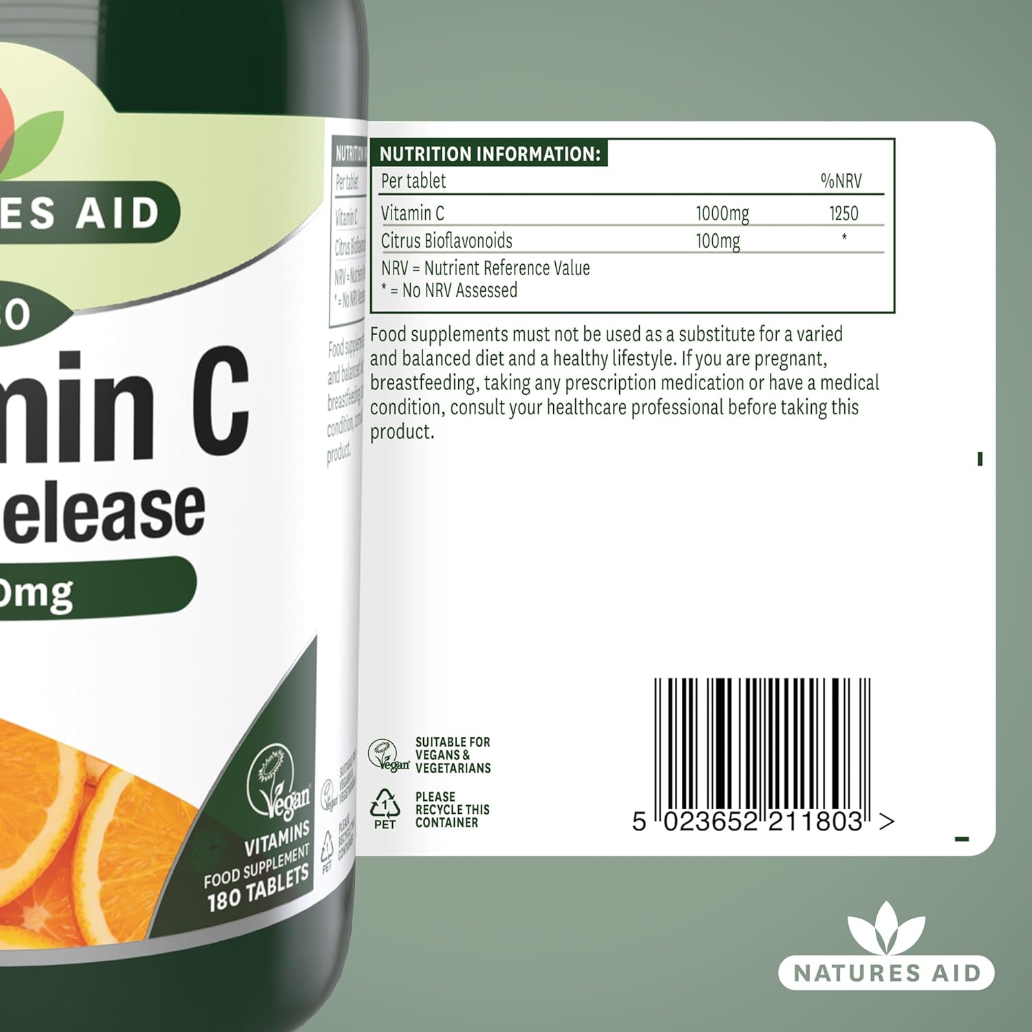 Vitamin C Time Release 1000mg 180 Tablets - Natures Aid - Vitamins & Supplements - Eco Natural Products