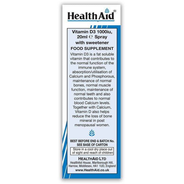 Vitamin D3 1000iu Spray 20ml - HealthAid - Single Vitamins - HealthAid