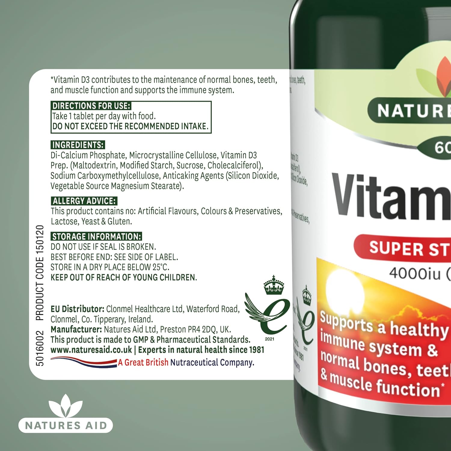 Vitamin D3 4000iu (100ug) Super Strength 60 Tablets - Natures Aid - Food Supplements - Eco Natural Products