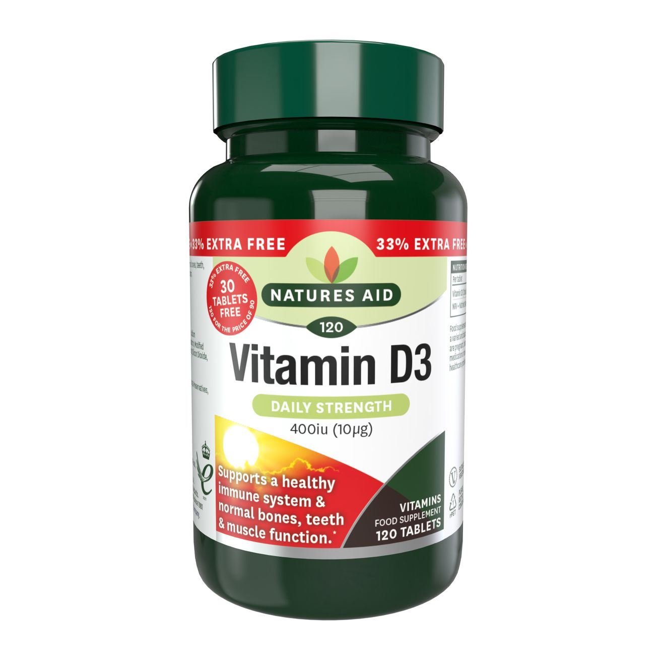 Vitamin D3 400iu 120 Tablets (90+30 Tabs 33% Offer) - Natures Aid - Vitamins & Supplements - Natures Aid