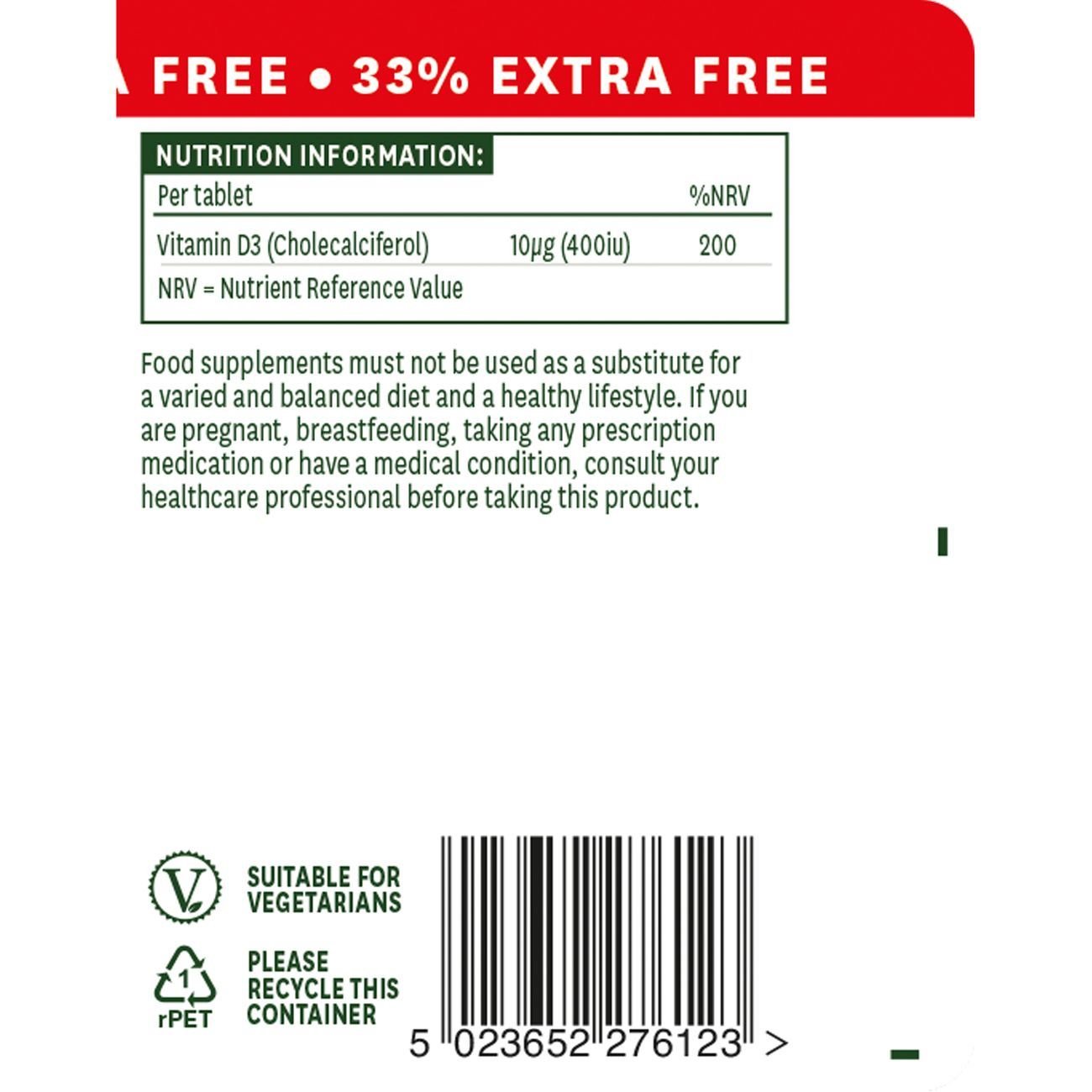 Vitamin D3 400iu 120 Tablets (90+30 Tabs 33% Offer) - Natures Aid - Vitamins & Supplements - Natures Aid