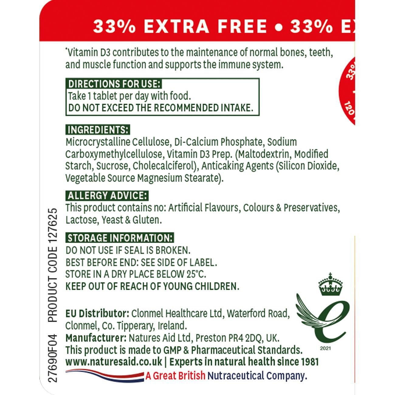 Vitamin D3 400iu 120 Tablets (90+30 Tabs 33% Offer) - Natures Aid - Vitamins & Supplements - Natures Aid