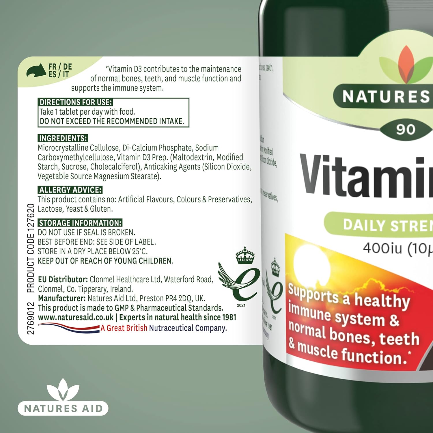 Vitamin D3 400iu 90 Tablets - Eco Natural Products - Natures Aid - Vitamins & Supplements