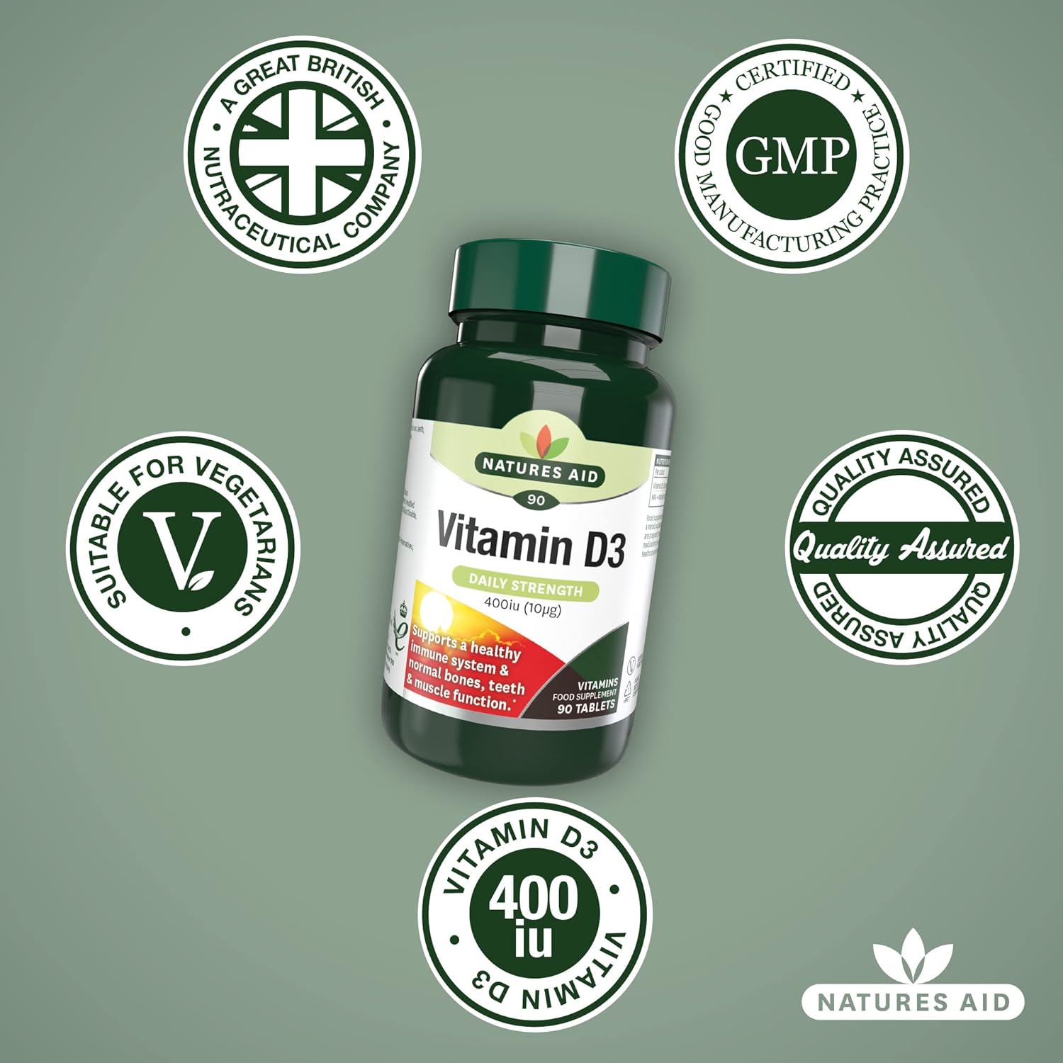 Vitamin D3 400iu 90 Tablets - Eco Natural Products - Natures Aid - Vitamins & Supplements