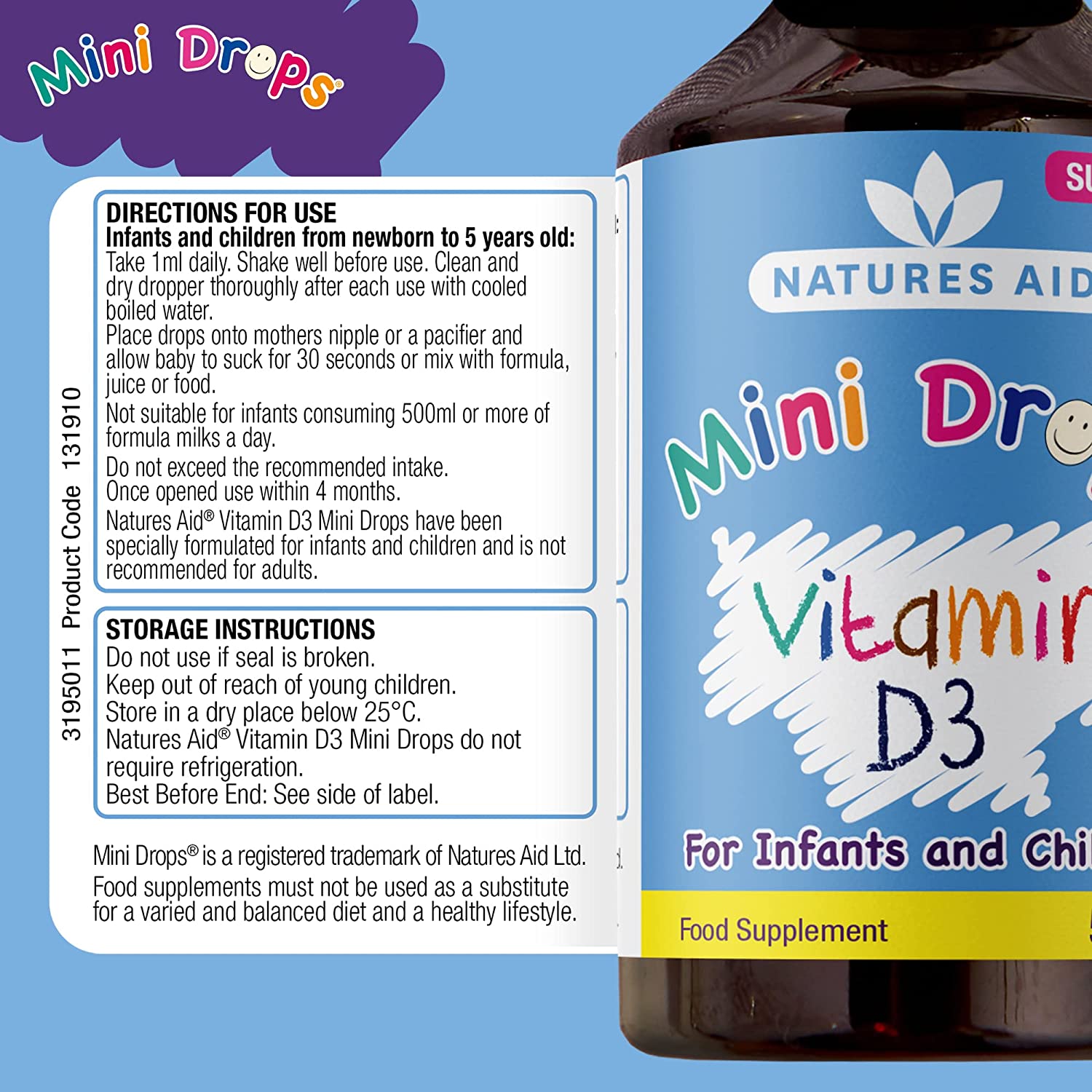 Vitamin D3 400iu Drops for Infants & Children Healthy Teeth & Bones 50ml - Natures Aid - Vitamins & Supplements - Eco Natural Products