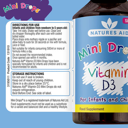 Vitamin D3 400iu Drops for Infants & Children Healthy Teeth & Bones 50ml - Natures Aid - Vitamins & Supplements - Eco Natural Products