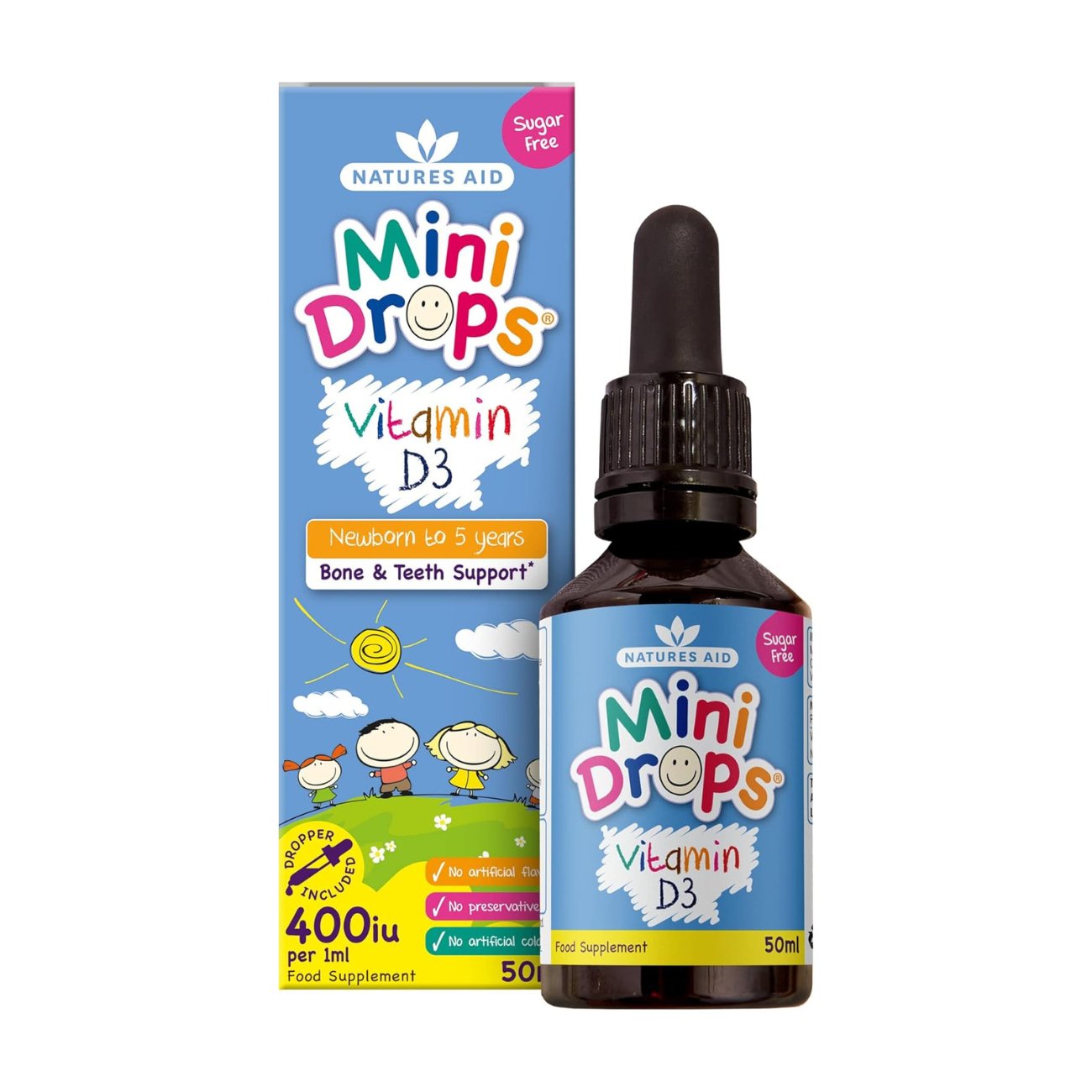 Vitamin D3 400iu Drops for Infants & Children Healthy Teeth & Bones 50ml - Eco Natural Products - Natures Aid - Vitamins & Supplements