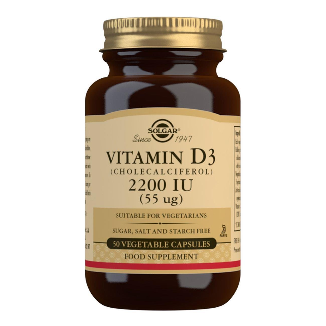 Vitamin D3 (Cholecalciferol) 2200 IU (55 µg) - 50 Vegetable Capsules - Eco Natural Products - Solgar - Vitamins