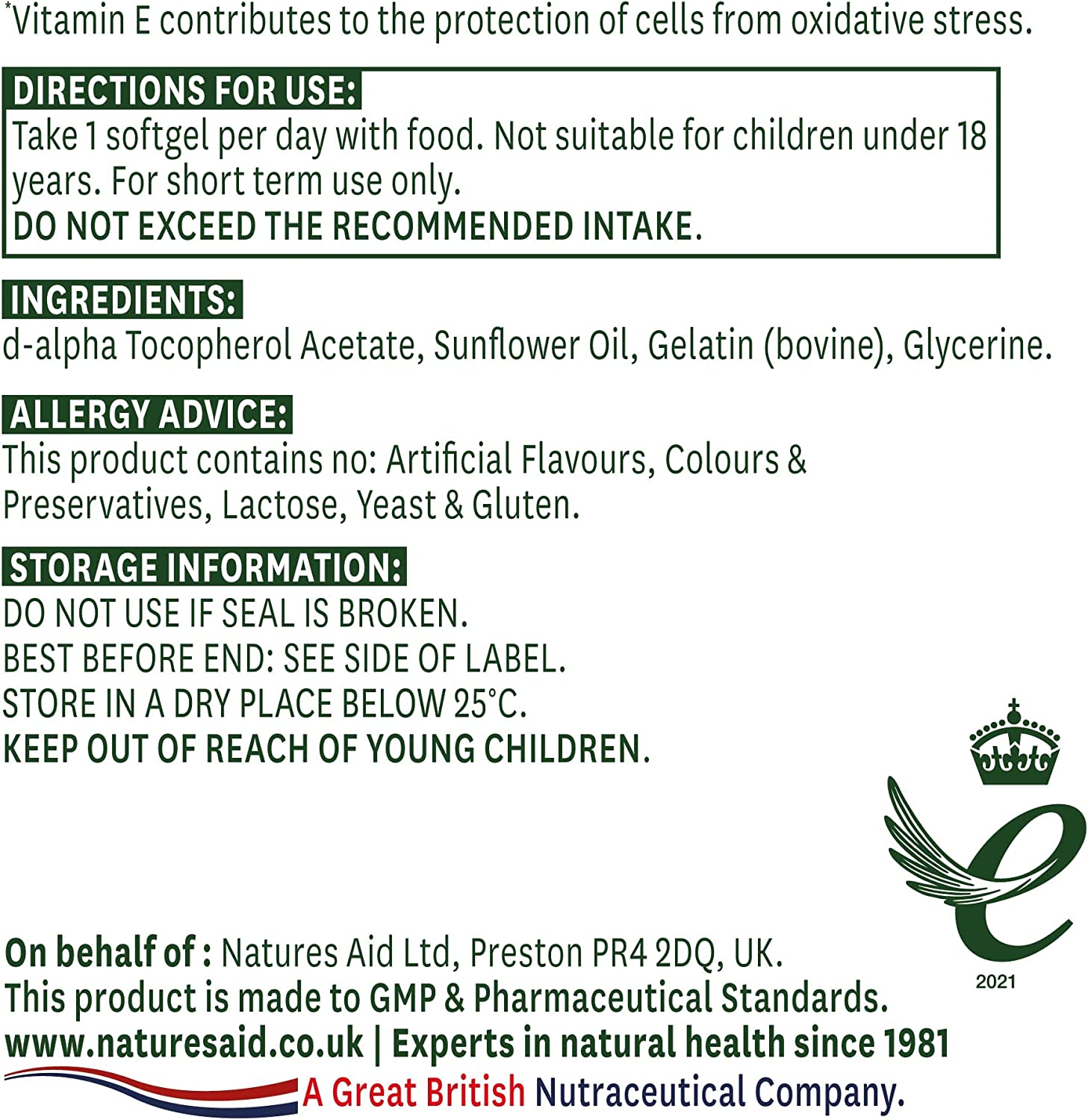 Vitamin E High Strength 1000iu 30 softgels - Natures Aid - Vitamins & Supplements - Eco Natural Products