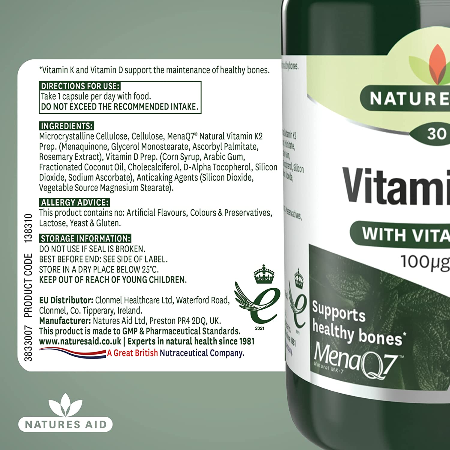 Vitamin K2 100ug with Vitamin D3 30 Capsules - Natures Aid - Vitamins & Supplements - Eco Natural Products