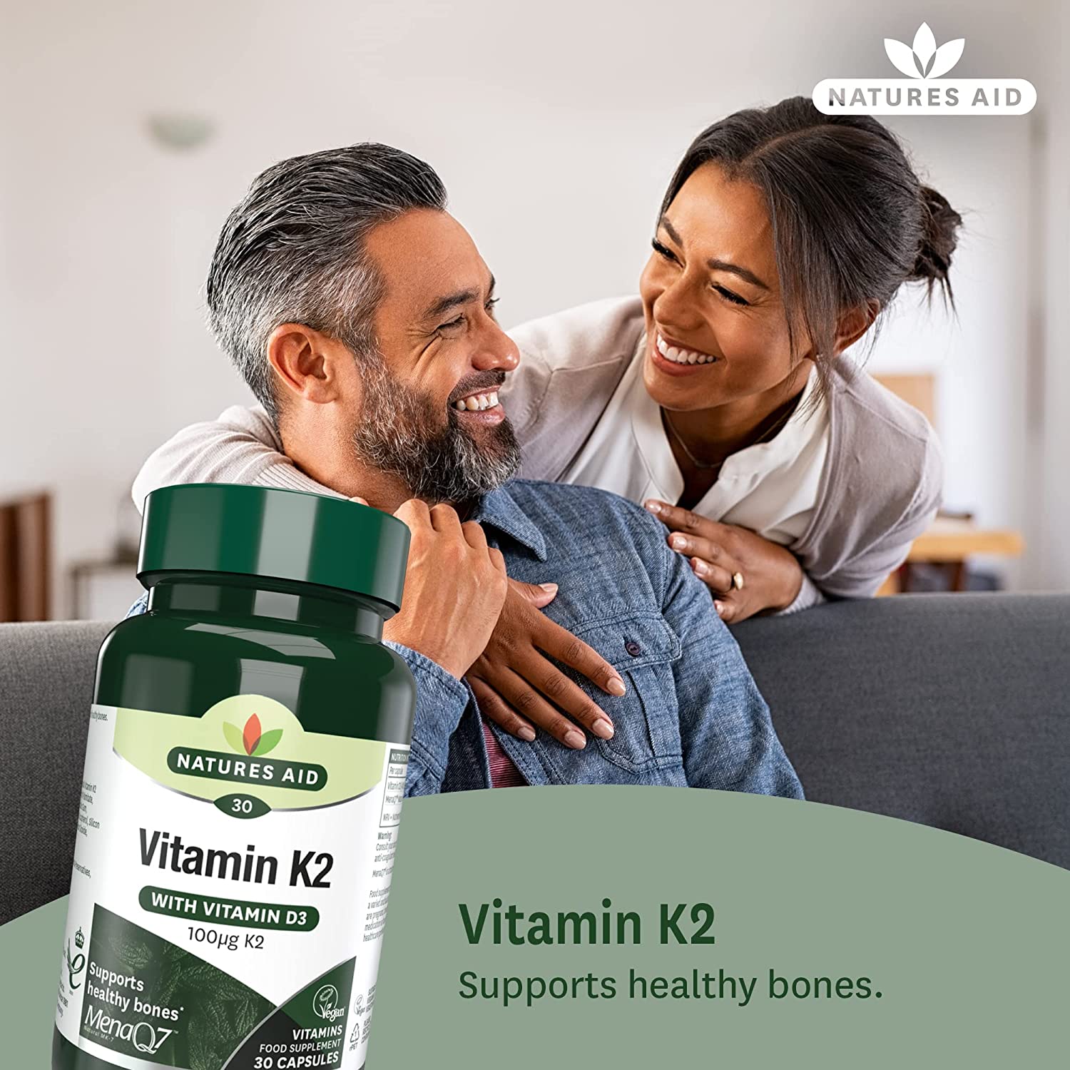 Vitamin K2 100ug with Vitamin D3 30 Capsules - Natures Aid - Vitamins & Supplements - Eco Natural Products