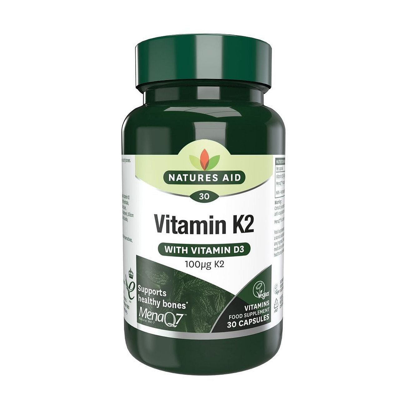 Vitamin K2 100ug with Vitamin D3 30 Capsules - Natures Aid - Vitamins & Supplements - Eco Natural Products