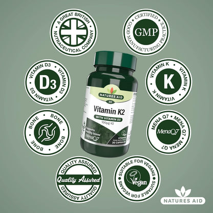 Vitamin K2 100ug with Vitamin D3 30 Capsules - Natures Aid - Vitamins & Supplements - Eco Natural Products