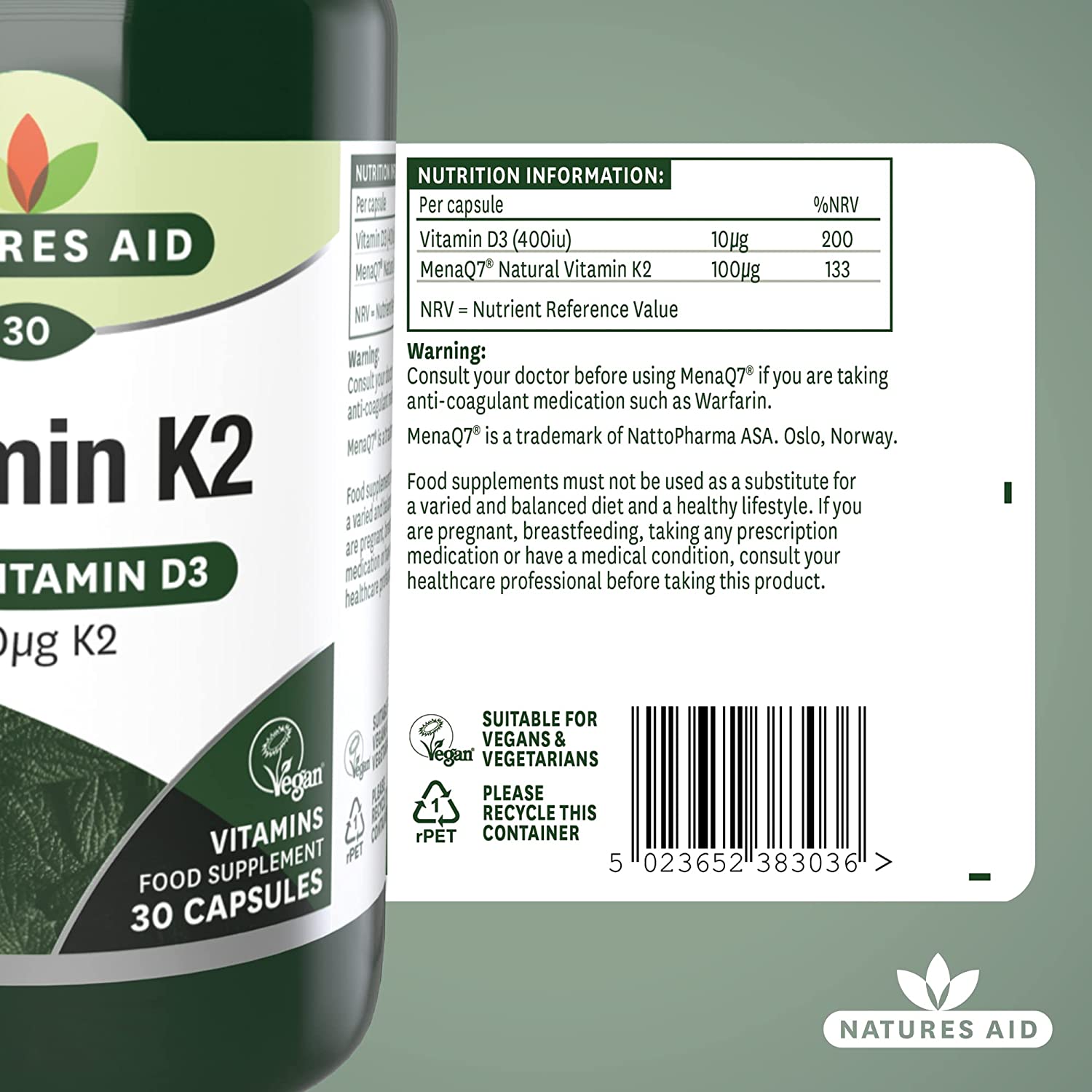 Vitamin K2 100ug with Vitamin D3 30 Capsules - Natures Aid - Vitamins & Supplements - Eco Natural Products