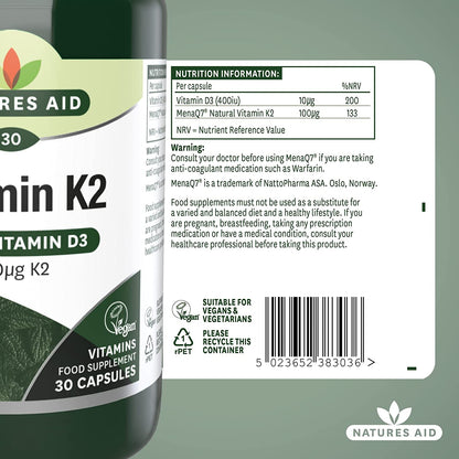 Vitamin K2 100ug with Vitamin D3 30 Capsules - Natures Aid - Vitamins & Supplements - Eco Natural Products
